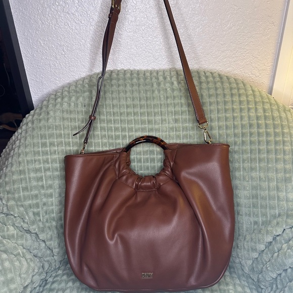 DKNY Brown Vegan Leather Hobo Slouchy Tortoise Handle Bag Long Crossbody Strap - Picture 3 of 8